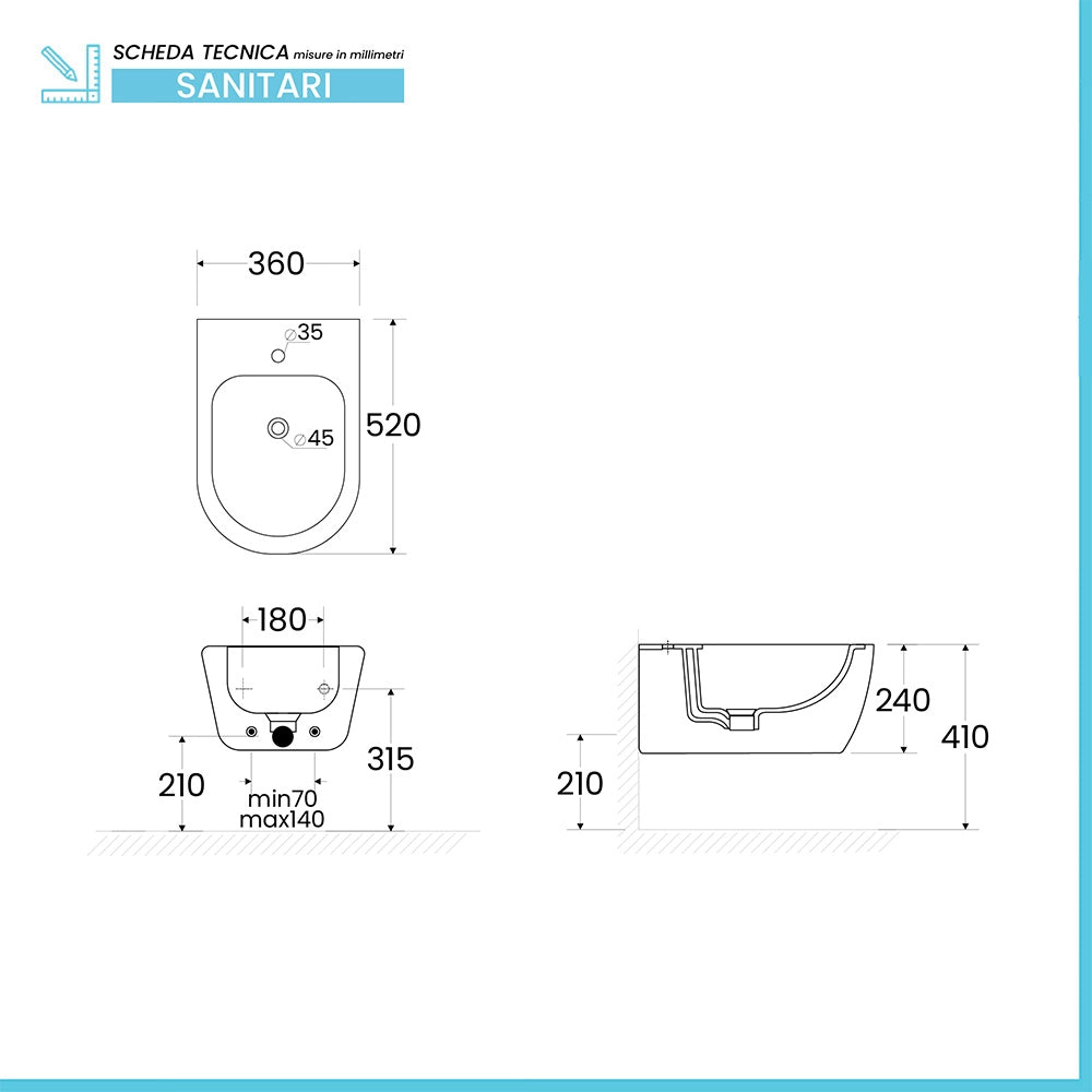 Sanitari Sospesi in ceramica bianco design tondo con copriwc e scarico rimless Ukra