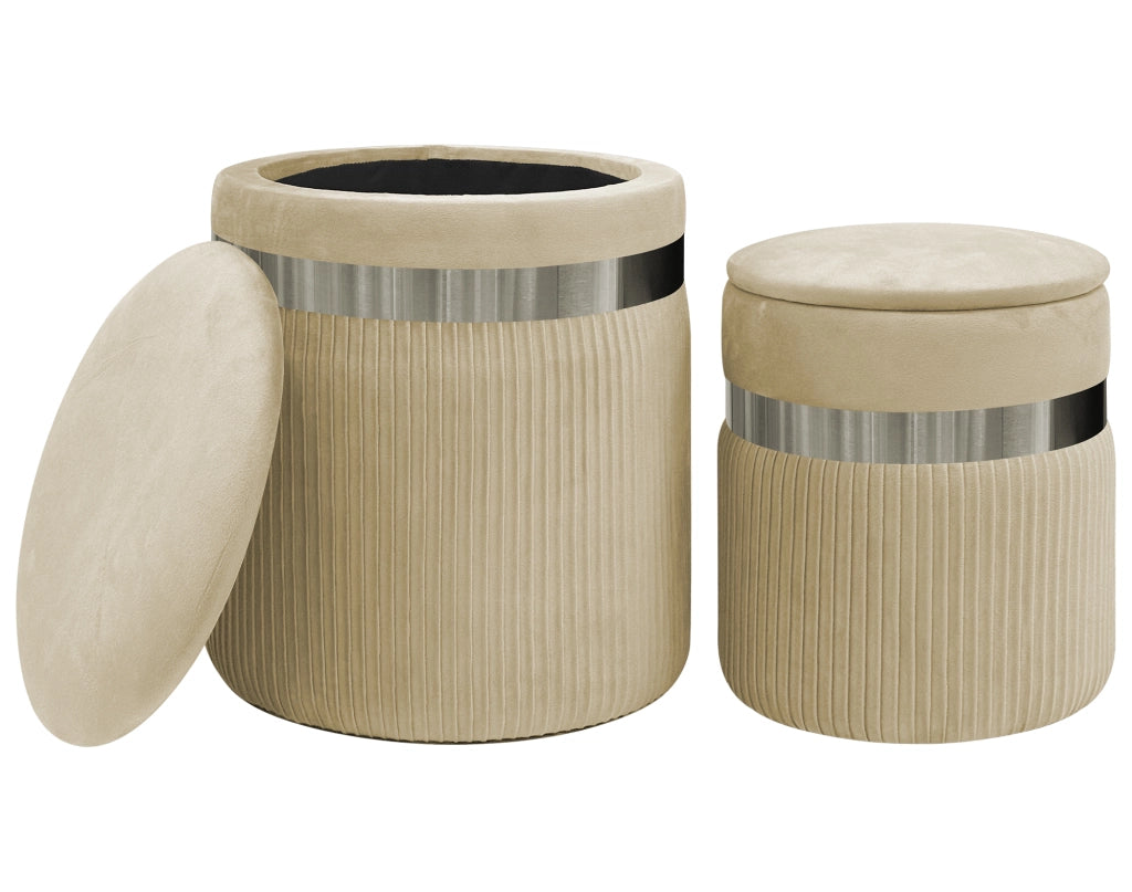 Set Di 2 Pouf Contenitori In Velluto Design Moderno Poggiapiedi,Sgabello Tondo con Coperchio Rimovibile e Seduta Imbottita Alta DensitÃ  Con Fascia In Metallo Contenitore Capiente Storage Box Panna