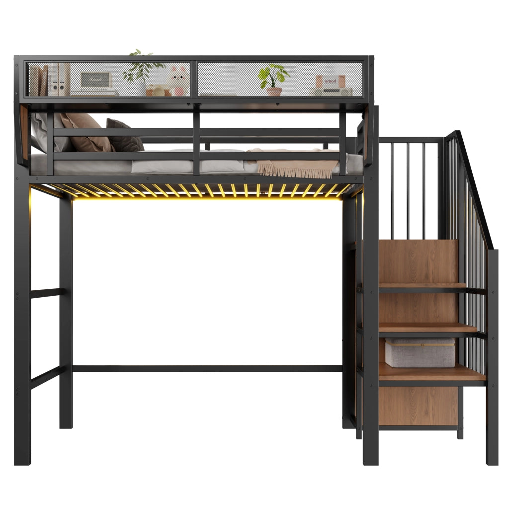 Letto a soppalco 90x200 cm in metallo e MDF; con scala di sicurezza; LED e ripiani; nero