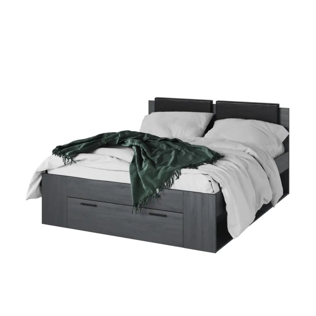 Letto matrimoniale 160x200 con cassetti integrati - Collezione FLOYD. Colore grigio effetto legno.
