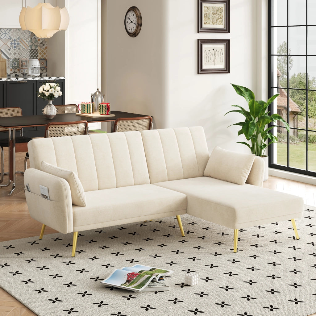 Divano angolare multifunzione in velluto beige con funzione letto e vano portaoggetti laterale