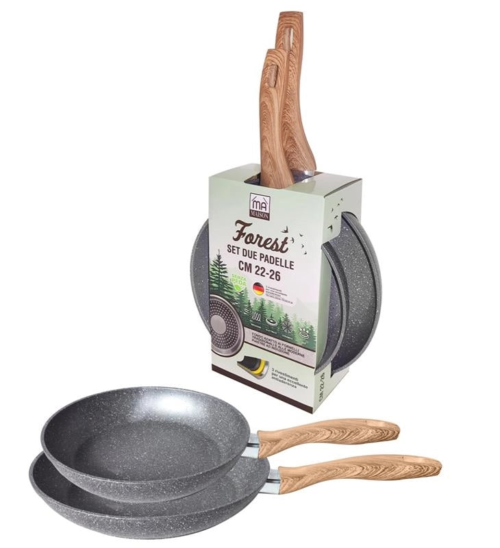 MA MAISON FOREST SET 2 PADELLE 22/26 CM CON MANICO ERGONOMICO SIMIL LEGNO