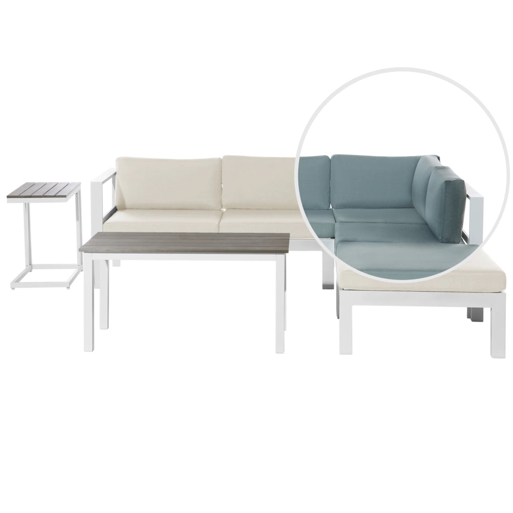 Set divano ad angolo da giardino bianco con cuscini verdi e beige Tavolo a doghe a 5 posti Set moderno scandinavo per conversazioni all'aperto