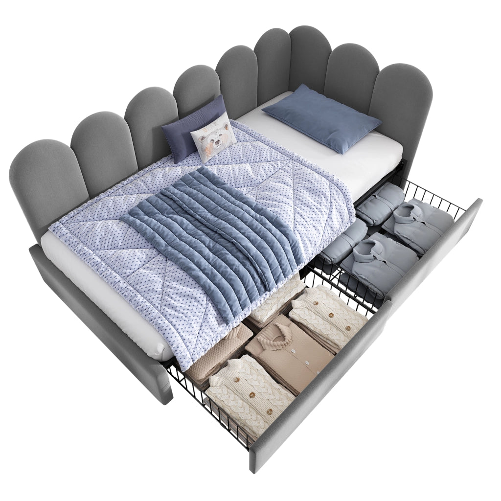 Letto singolo imbottito 90x200 cm in velluto grigio con 2 cassetti, rete a doghe e schienale