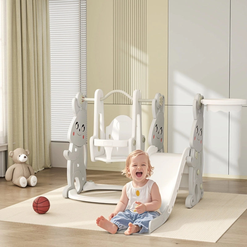 Set giochi 4 in 1 per bambini con scivolo, altalena, struttura da arrampicata e canestro, grigio
