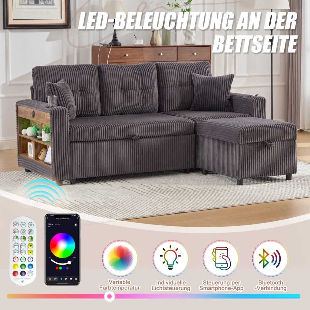 Divano letto con vano contenitore, USB Type-C, LED, portabicchieri e braccioli larghi, in velluto a coste, Grigio scuro