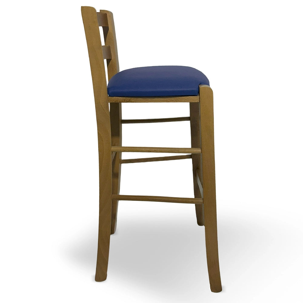 Sgabello in legno noce chiaro con schienale h 66 cm con seduta in similpelle blu