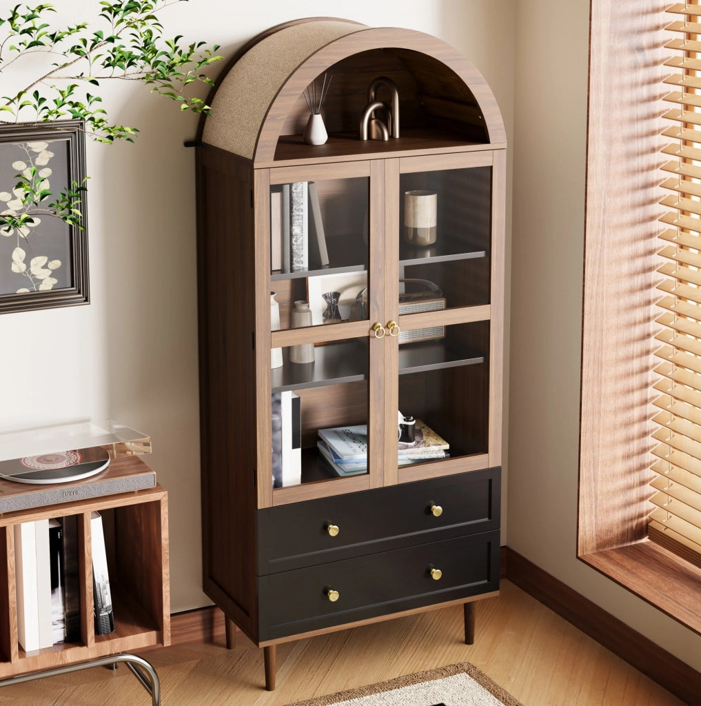 Sideboard con ripiani regolabili 70x38x165 cm in MDF e vetro colore noce