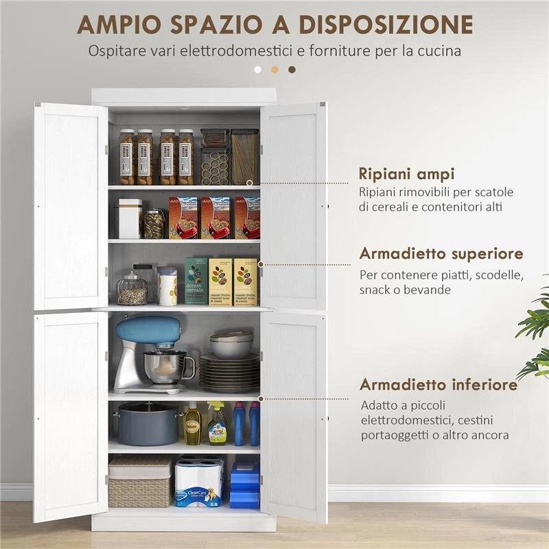 MOBILE CUCINA ALTO CON 6 RIPIANI REGOLABILI E 2 ANTE IN LEGNO, BIANCO 76X40.5X184 CM