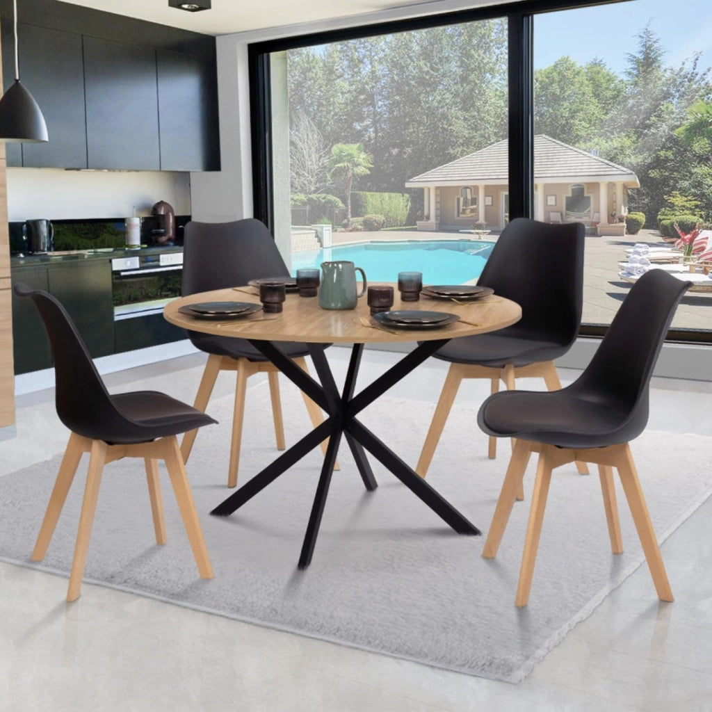 Tavolo da Pranzo Rotondo Alix 110 cm in Legno e Nero e Set di 4 sedie Sara Nere