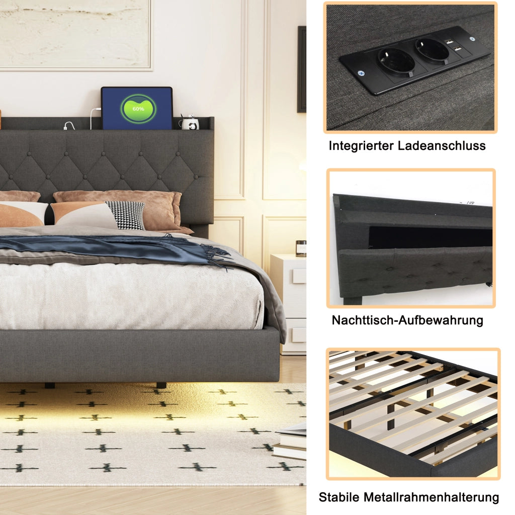 Letto imbottito matrimoniale 160×200 cm con USB; LED multicolore e contenitore; senza materasso; grigio