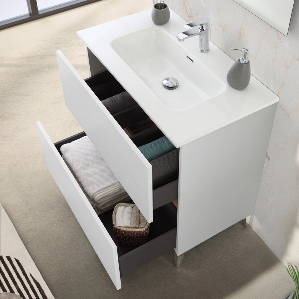 Mobile bagno a terra 80 cm bianco e rovere con cassetti soft-close Kleo
