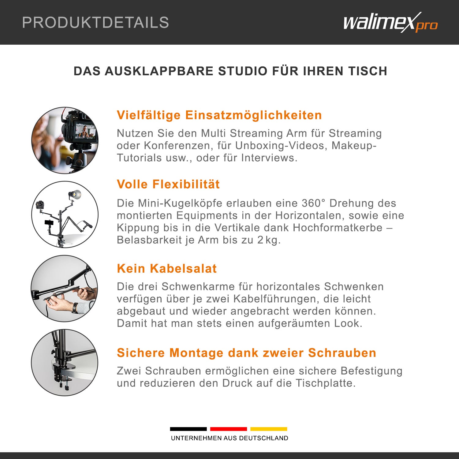 Multi Streaming Supporto da tavolo, 4 bracci articolati per fotocamere, luci LED, microfoni, morsetto di montaggio per piani 65 mm, anche per Vlogging, Videochiamate