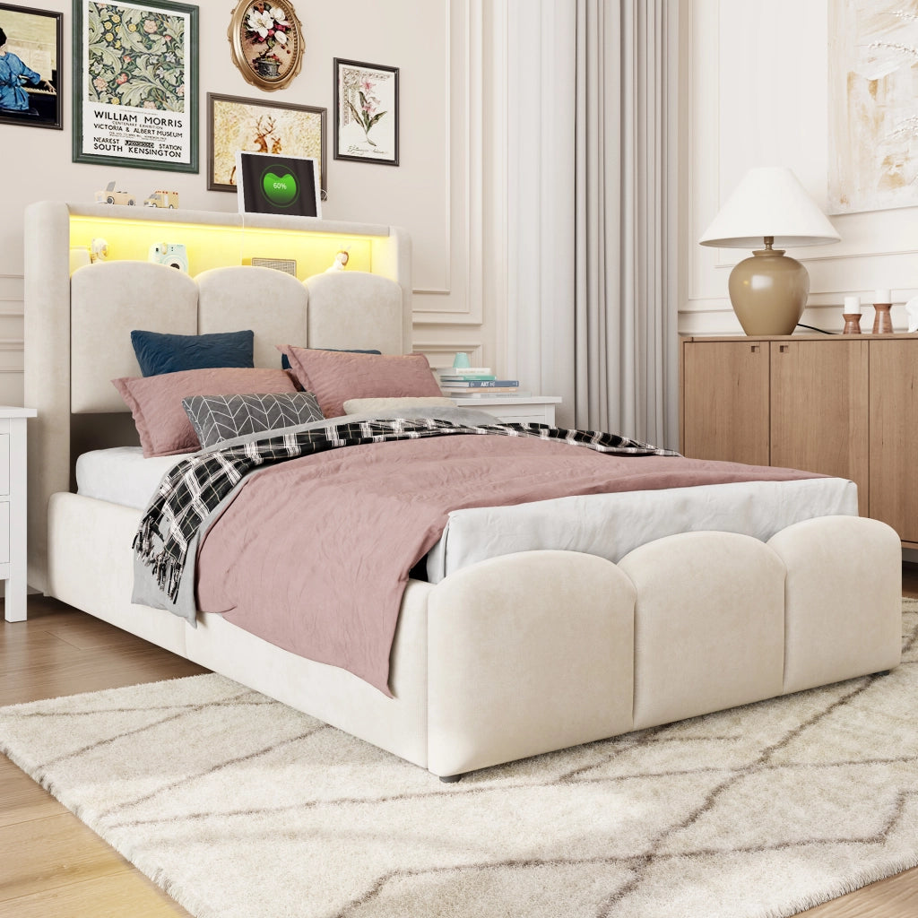 Letto imbottito per bambini con contenitore idraulico, USB-C e LED, 90x200 cm, velluto beige