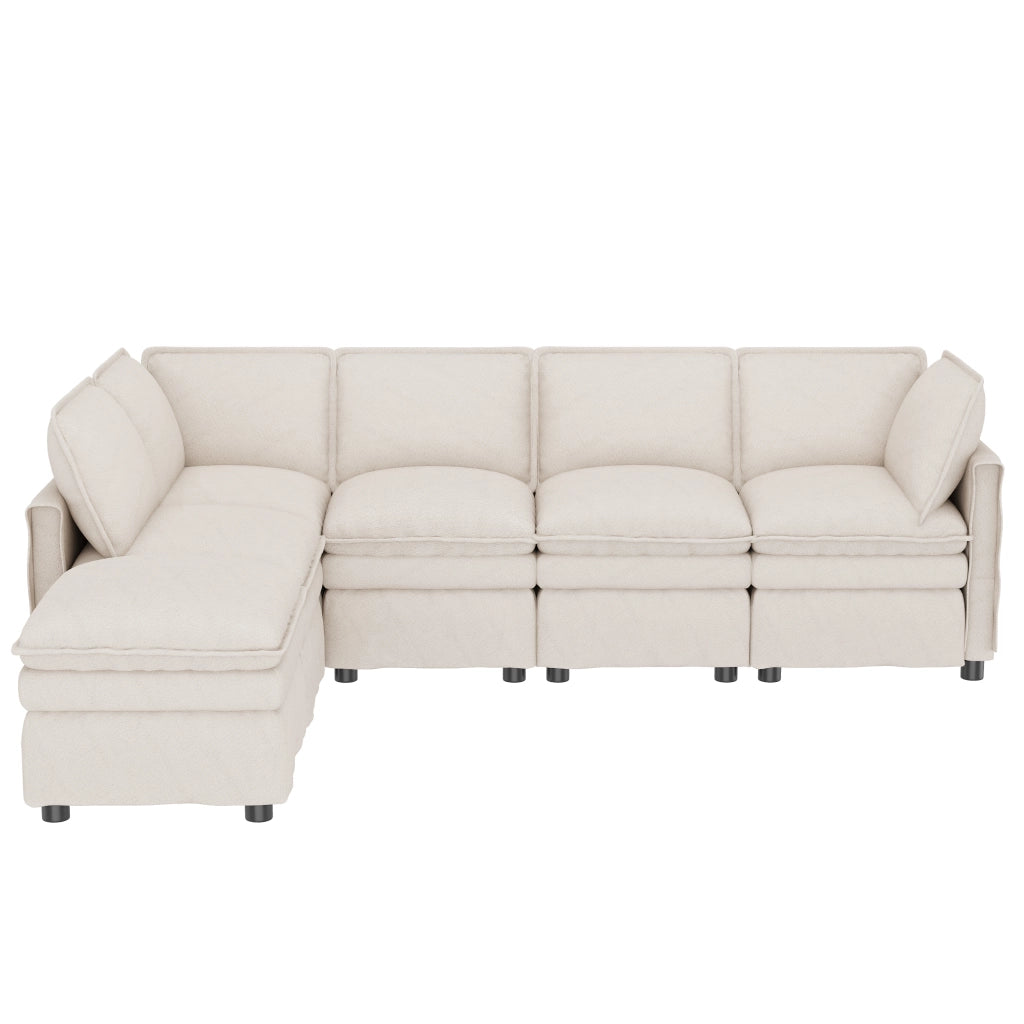 Divano modulare letto 6 posti con chaise longue mobile e seduta doppia in chenille beige