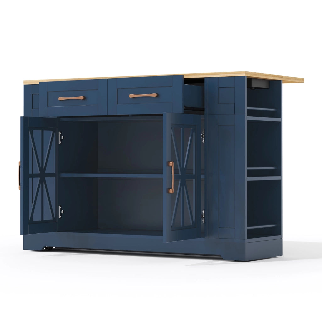 Isola da Cucina Mobile 120x40/65x92 cm Blu e Legno con Piano Ribaltabile, 2 Prese, 2 USB e Ruote