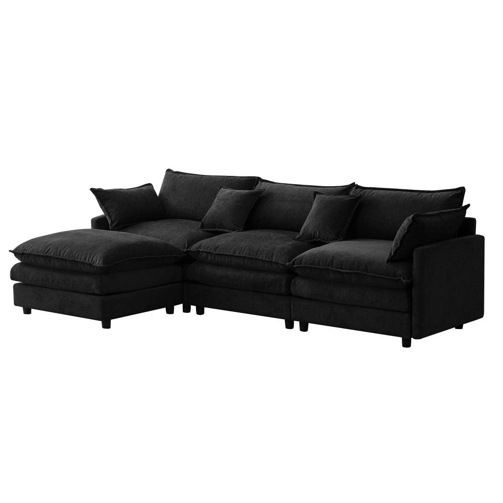 Divano angolare modulare 3 posti con pouf mobile e cuscini sfoderabili per soggiorno in chenille nero