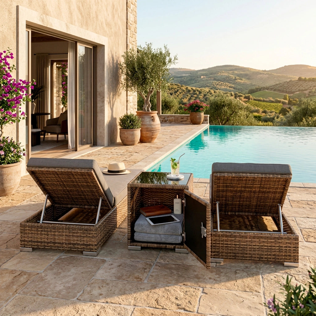Set 2 Lettini Prendisole In Polyrattan Con Tavolino Sdraio Regolabile Da Giardino Terrazzo Piscina 184 x 60 x 21 Cm Marrone Chiaro E Grigio