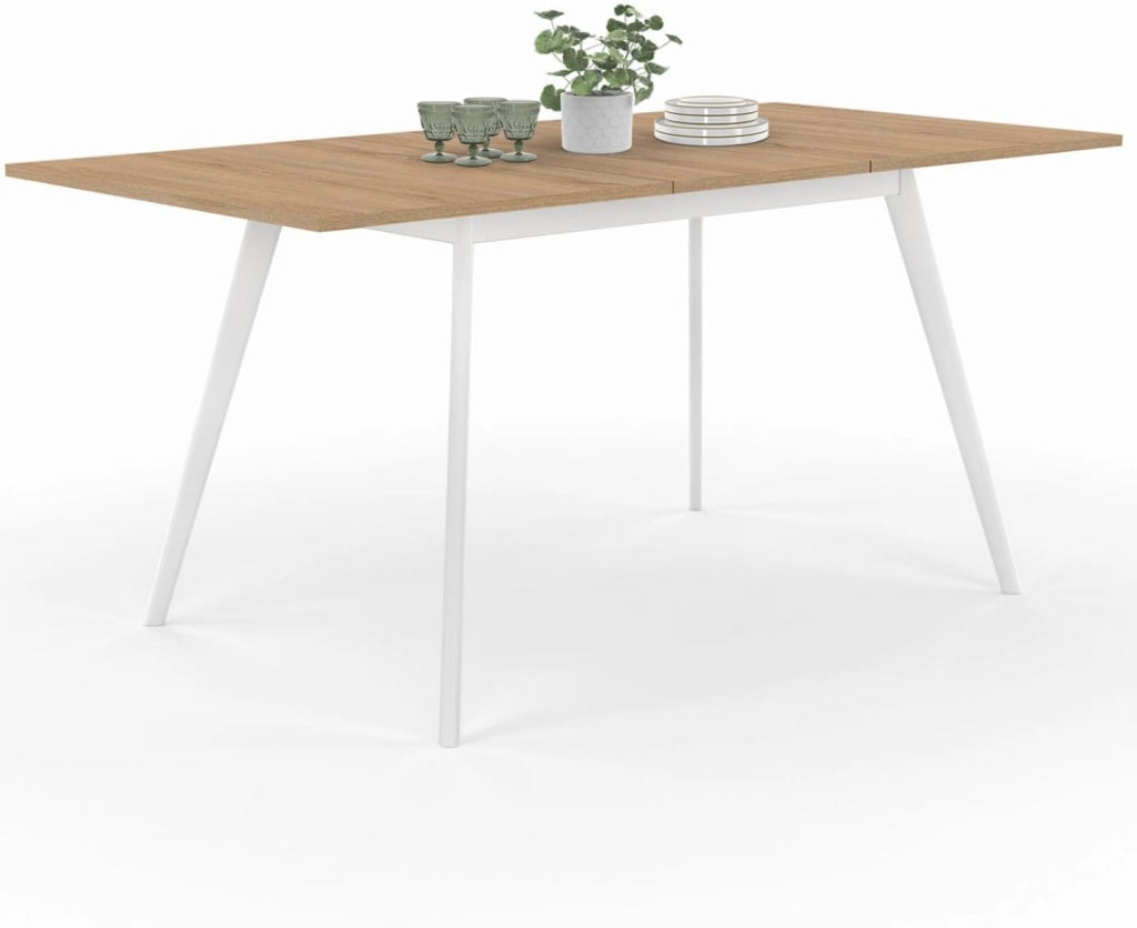 Tavolo rettangolare allungabile scandinavo INGA, 4-8 persone, piano in legno, gambe bianche 110-150 cm