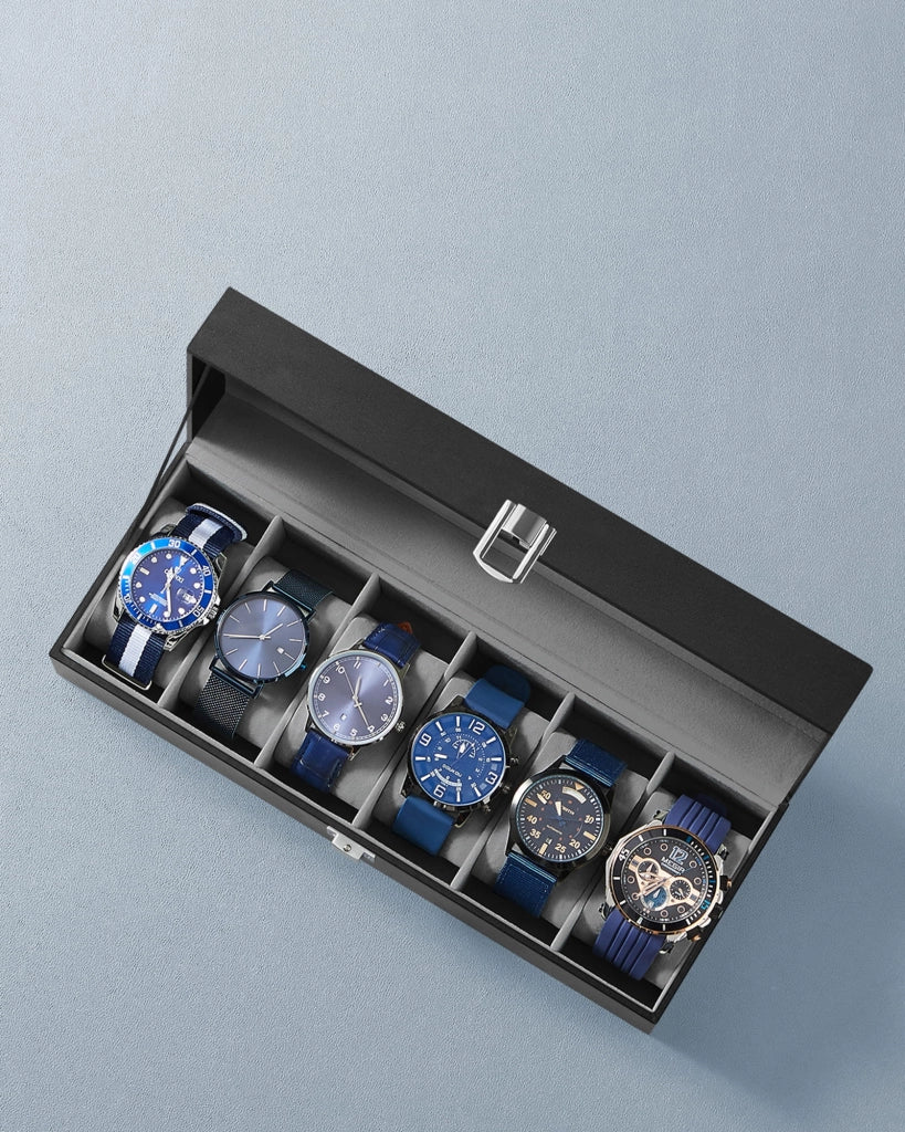 Valora Custodia per orologio nera con 6 scomparti e coperchio in vetro - contenitore