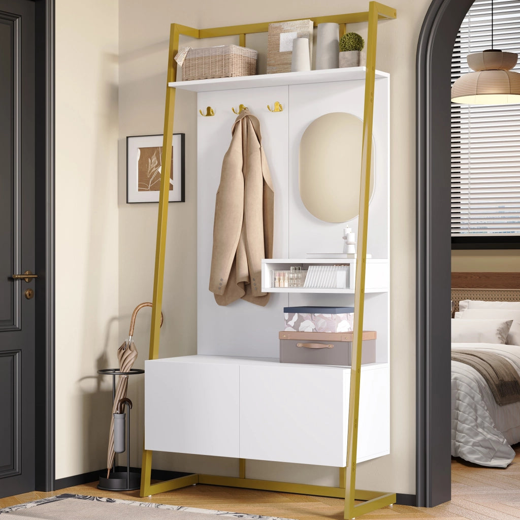 Guardaroba da ingresso 78x38,5x180,5 cm bianco MDF e metallo con specchio