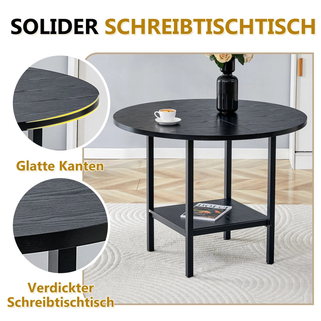 Tavolo da pranzo rotondo con ripiano contenitore in MDF e metallo nero per cucina e sala da pranzo 100 × 100 × 77 cm