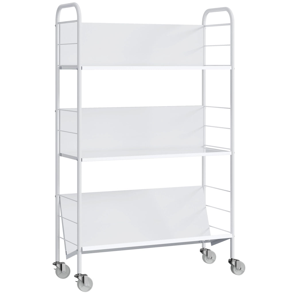 Carrello Portalibri Moderno a 3 Livelli 69x26x108 cm con Ruote Girevoli in Metallo e PP Bianco
