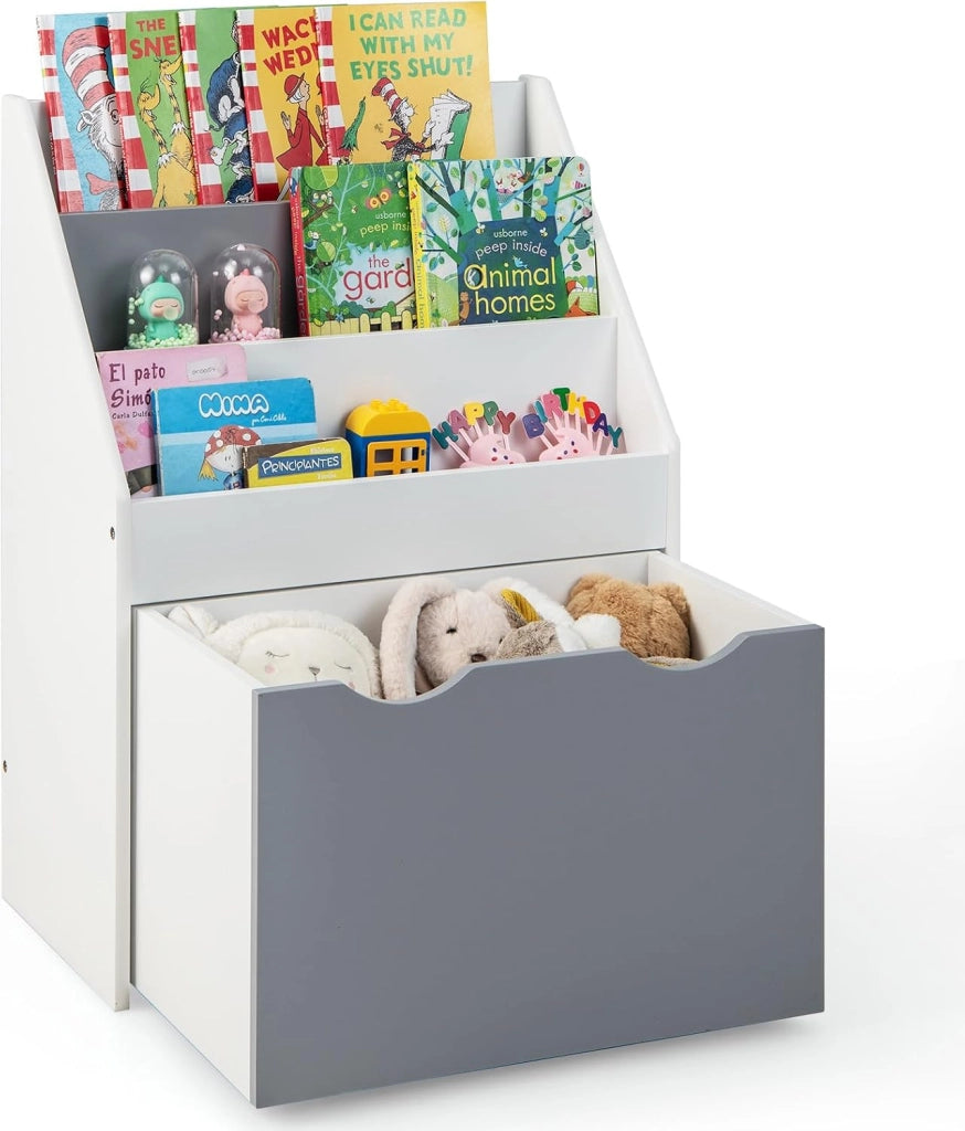 Libreria Montessoriana per Bambini, Scaffale per Libri a 3 Livelli con Cassetto Inferiore e 4 Ruote, per Cameretta, Stanza dei Giochi e Asilo, 50 x 28 x 70 cm, Grigio e Bianco