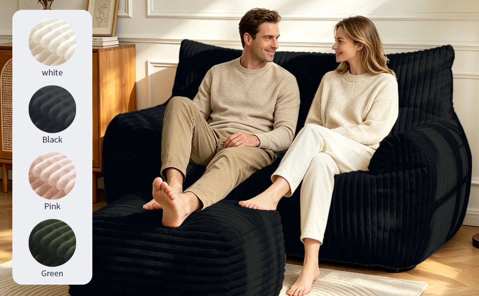 Poltrona pouf grande con imbottitura in memory foam, tessuto effetto peluche nero, seduta ergonomica per soggiorno e camera