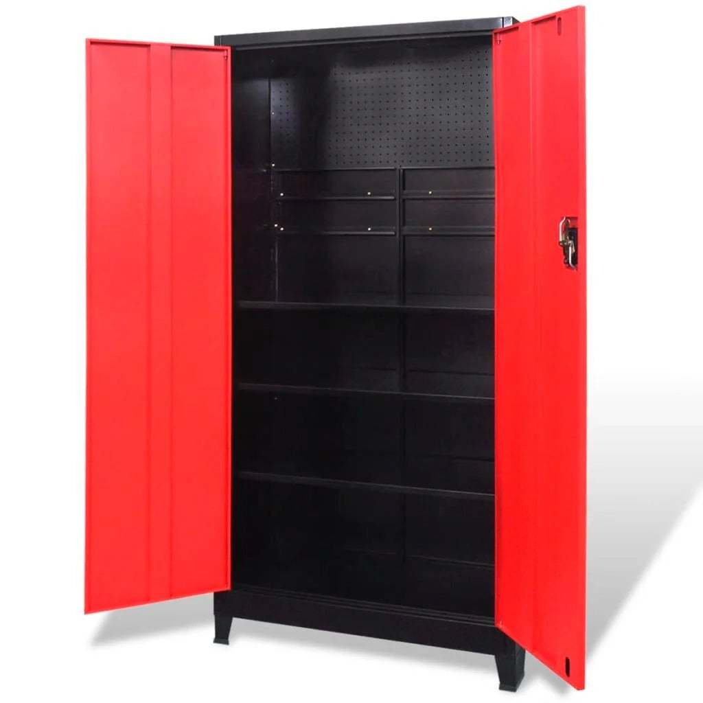 Mobiletto portautensili con 2 ante acciaio nero e rosso 180 cm cassetta portautensili 02_0003802