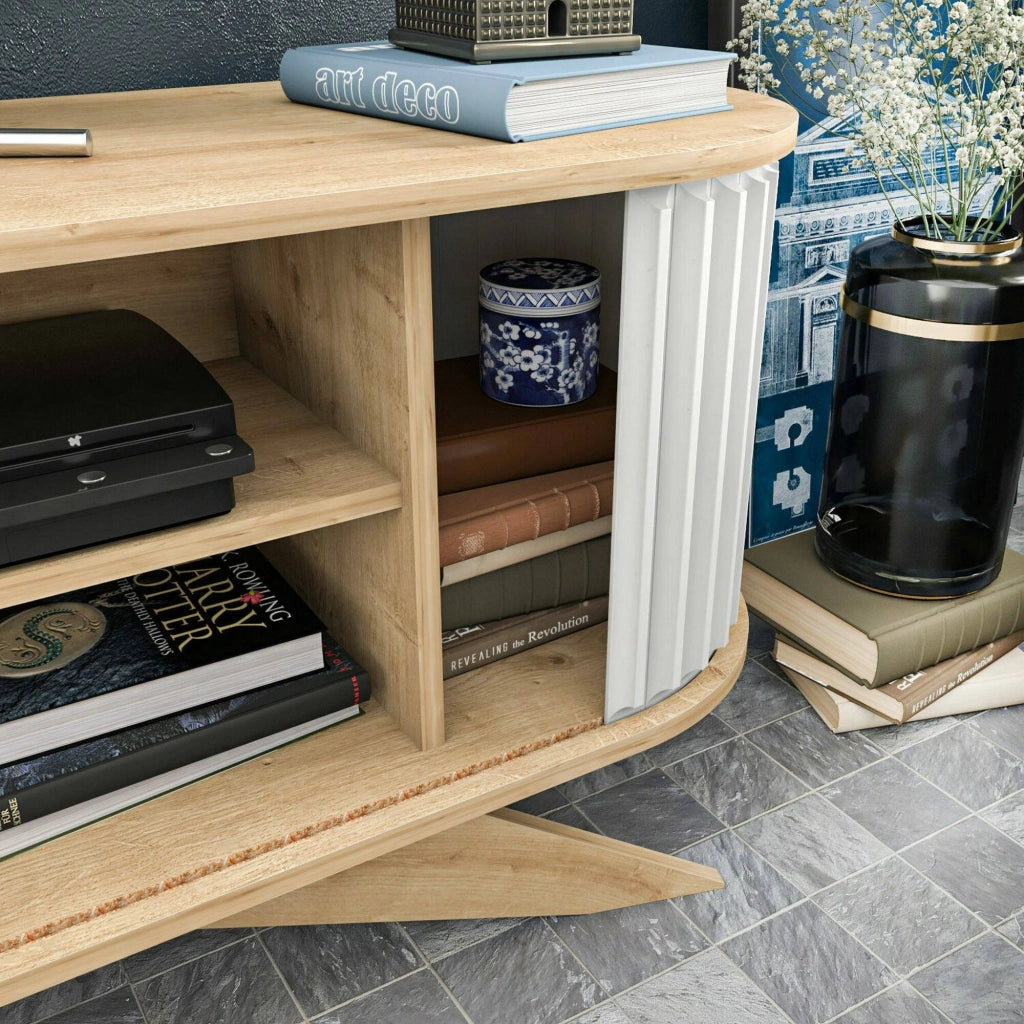 Mobile porta TV Bailu, Credenza da soggiorno, Armadio basso per TV, Base parete attrezzata, 180x43h60 cm, Quercia e Bianco