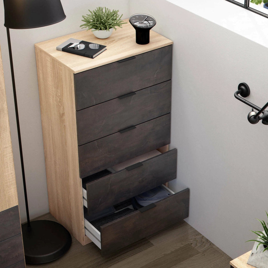 Cassettiera Armenia, Settimanale a 5 cassetti, Mobile ComÒ² per camera da letto, Settimanale moderno, cm 60x40h110, Rovere e Antracite