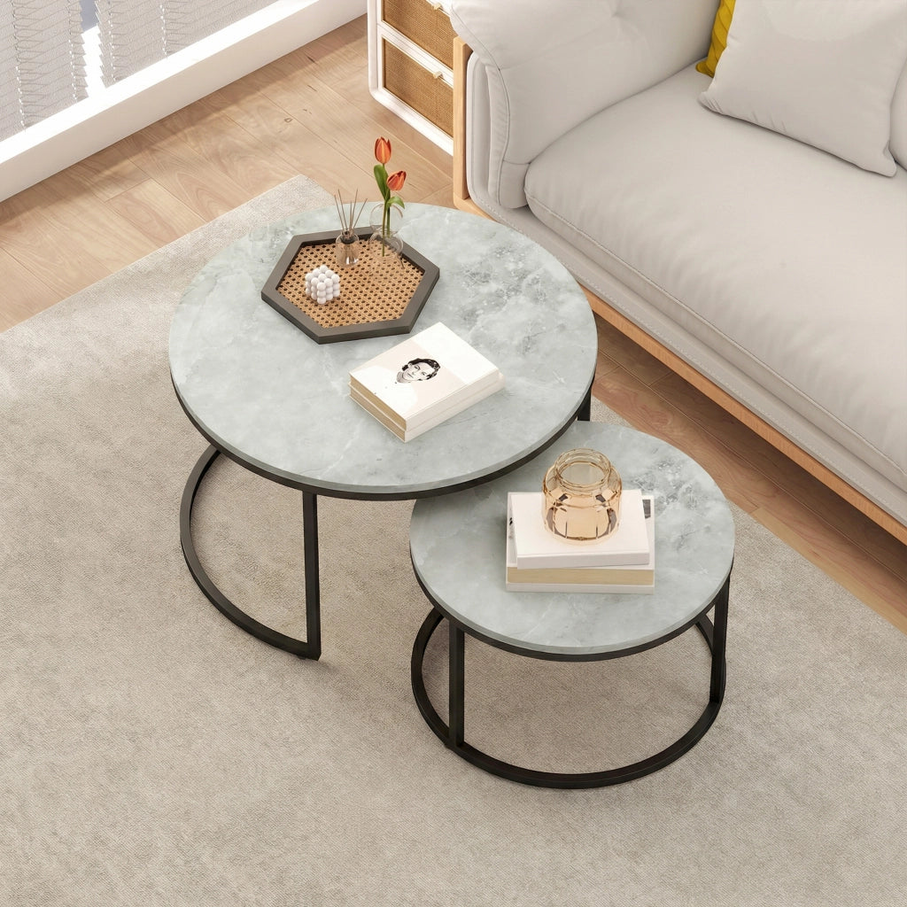 Set 2 Tavolini da Caff¨¨ Rotondi ¨C Xylo ¨C Effetto Marmo Grigio Legno Metallo