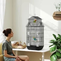 Gabbia per uccelli voliera con altalena maniglia portatile 4 mangiatoie 3 posatoi 50,5 x 41 x 104 cm in acciaio nero