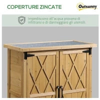 Armadio da Giardino Porta Attrezzi in Legno con 2 Ante e 4 Scaffali, Piano in Lamiera, 75x40x90 cm