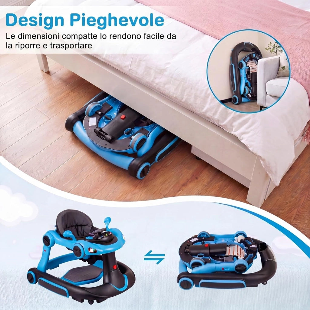 Girello per Bambini 6-in-1 Evolutivo, Centro Attività Pieghevole con Maniglia, Regolazione Altezza/Velocità, con Musica, Luci Tenda, per Neonati 6-18 Mesi (Nero+Blu)