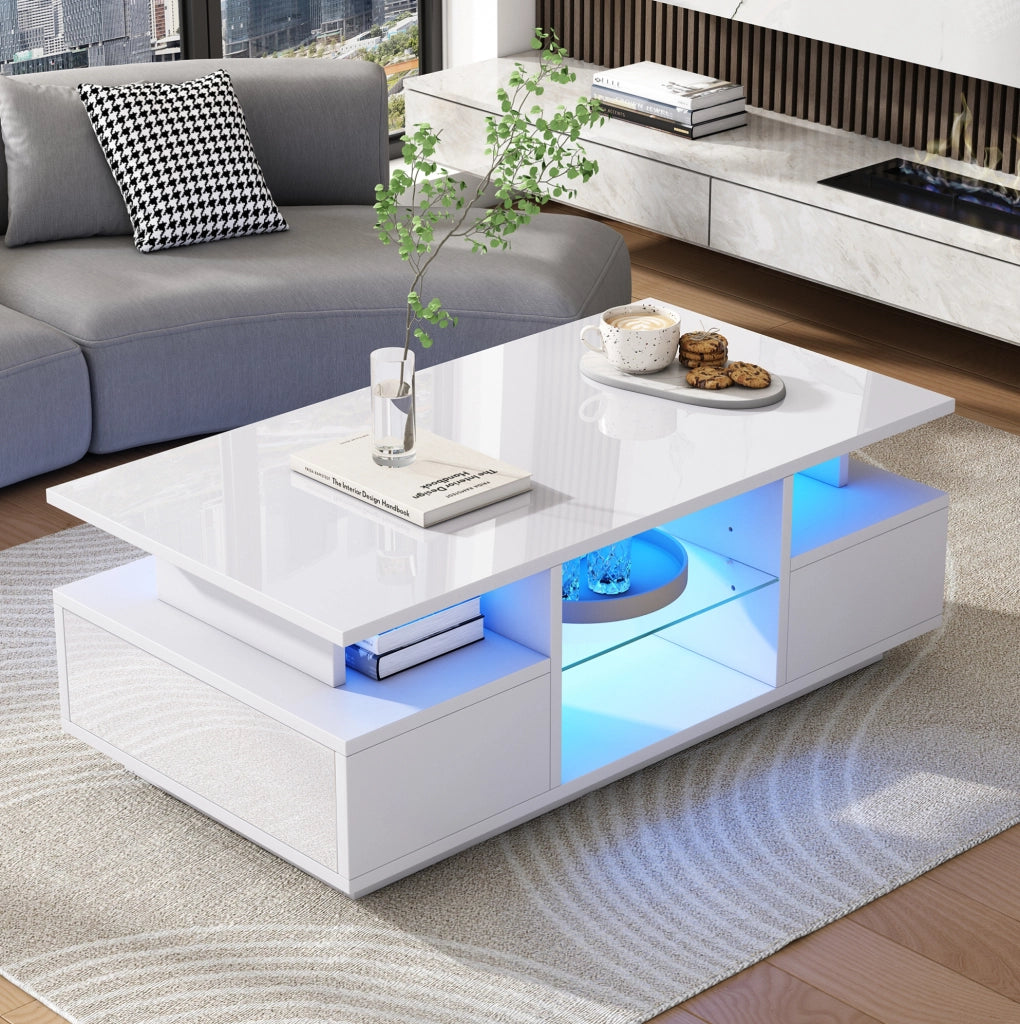 Tavolino da caffè 100 x 50 x 36 cm con LED; 2 cassetti e ripiani in vetro; bianco lucido