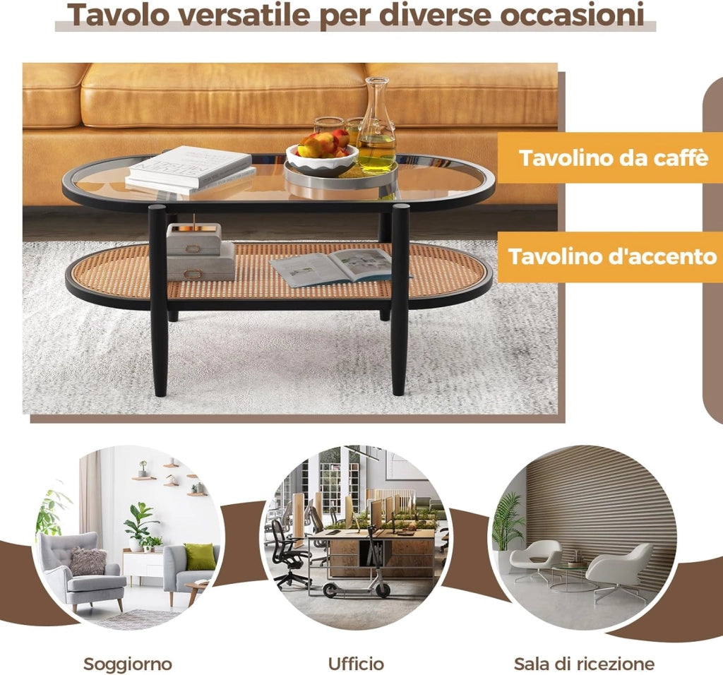 Tavolino da Salotto in Legno Massello e Vetro, Tavolino Basso a 2 Piani con Spazio di Archiviazione, Tavolo Ovale Elegante per Soggiorno e Ufficio (Nero)