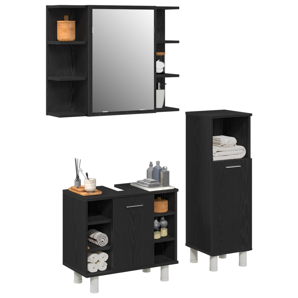 Set di mobili da bagno 3 pezzi in legno ingegnerizzato con finitura rovere nero