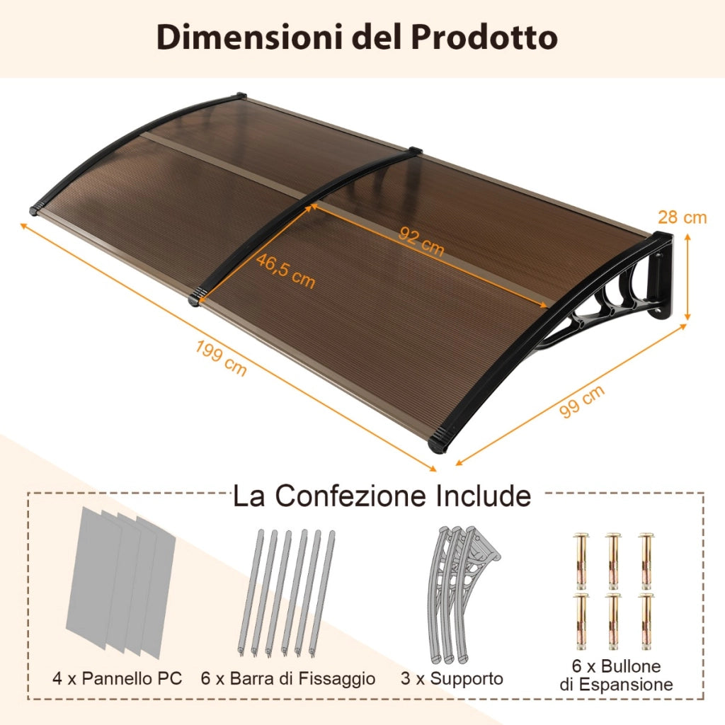 Tettoia per porta per protezione da sole pioggia neve, Tettoia per porta finestra in alluminio Marrone 199x99cm-Tende parasole