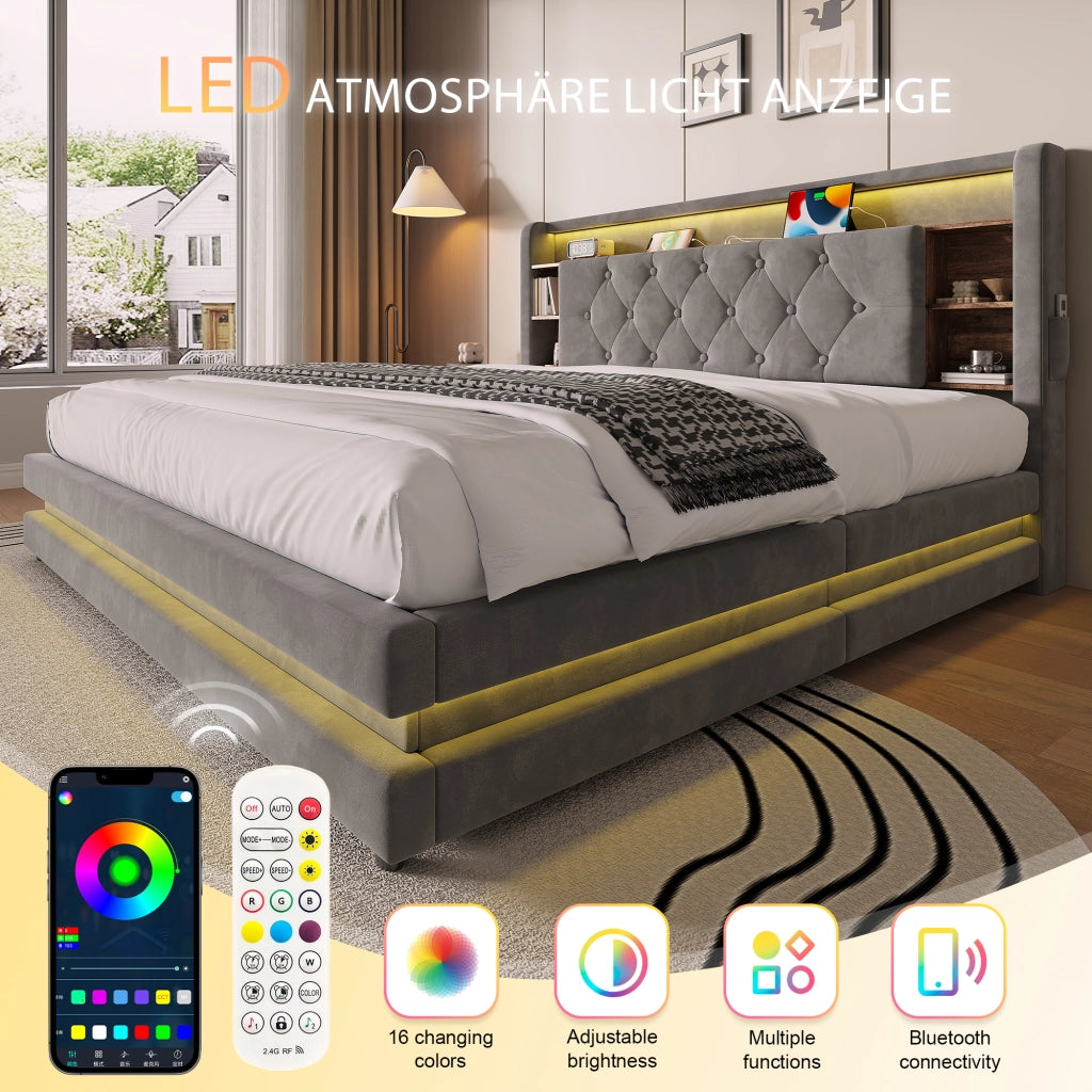 LETTO Contenitore 160x200 cm in velluto grigio scuro con testiera multifunzione