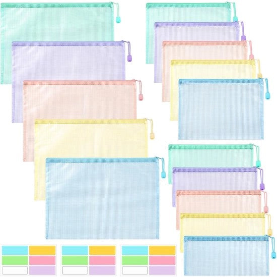 Documenti A4+A5+A6, contenitore impermeabile a rete con cerniera e adesivi per documenti, carta, cosmetici, carta per ricevute, fogli di esame, 5 colori