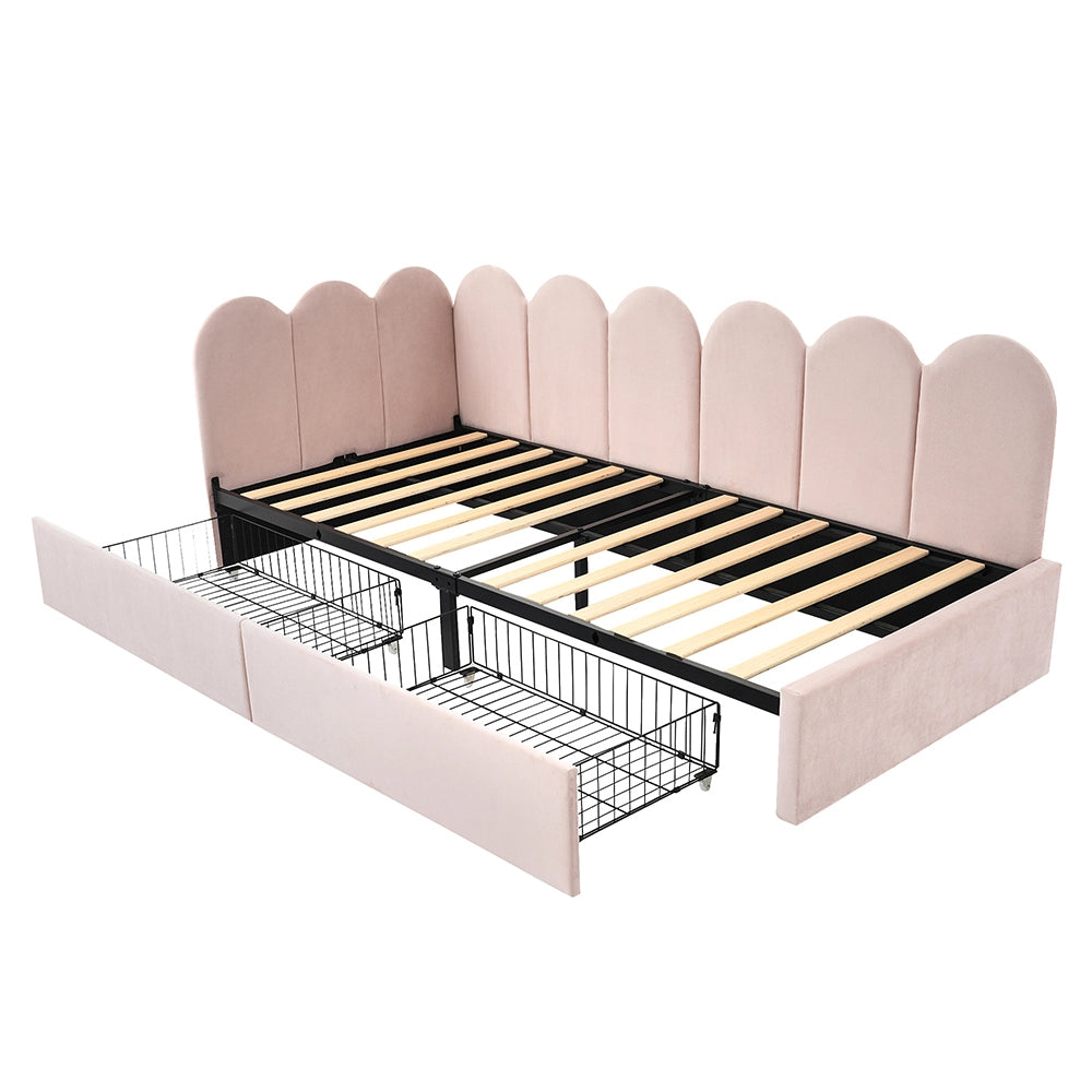 Letto singolo con divano letto - Xylo - 90x190 cm - Rosa - Con cassetti