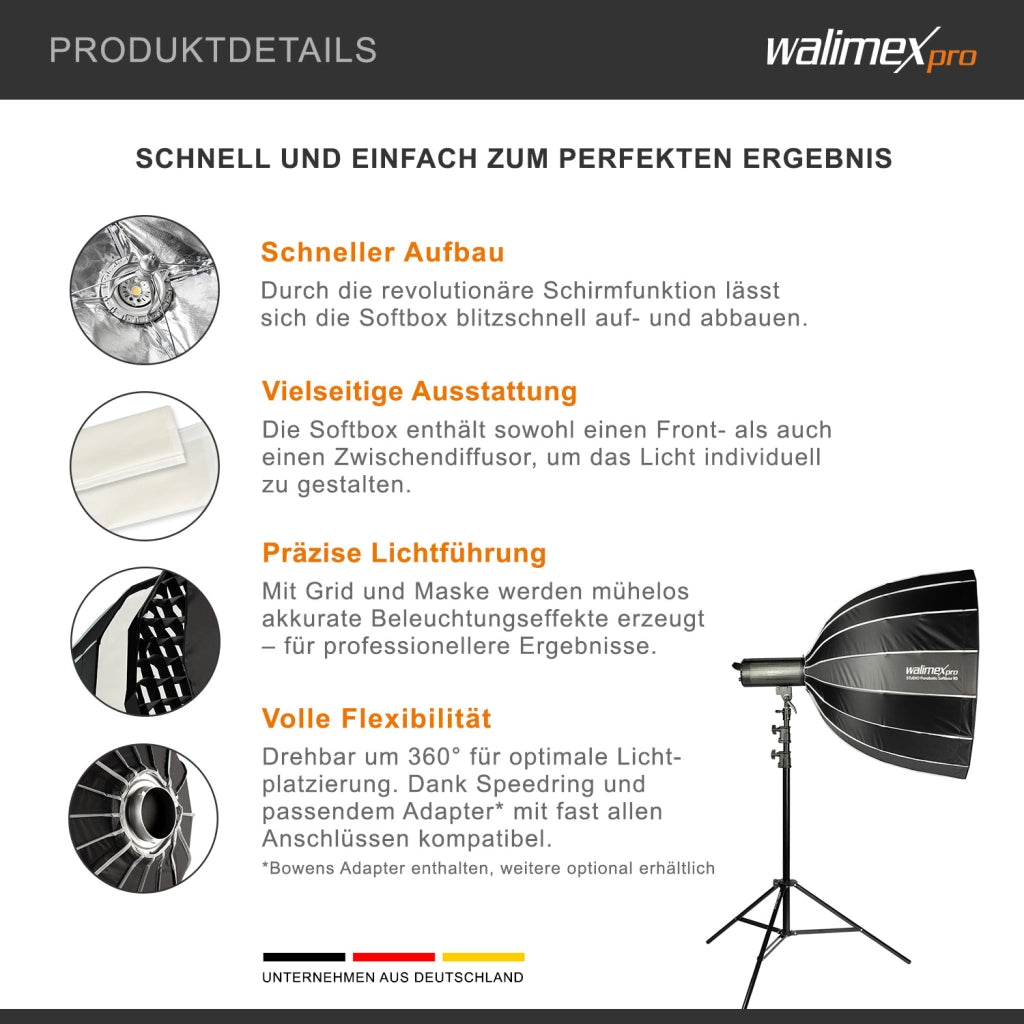 Studio Parabolic Softbox 90cm + adattatore softbox per Hensel Expert, ruotabile a 360°, facile da montare grazie alla funzione ombrello, include griglia, maschera