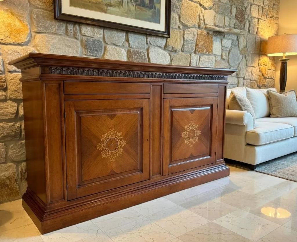 Madia credenza 2 porte in legno intarsiata tinta noce l.215 p.54 h.122 - Mobili 2G
