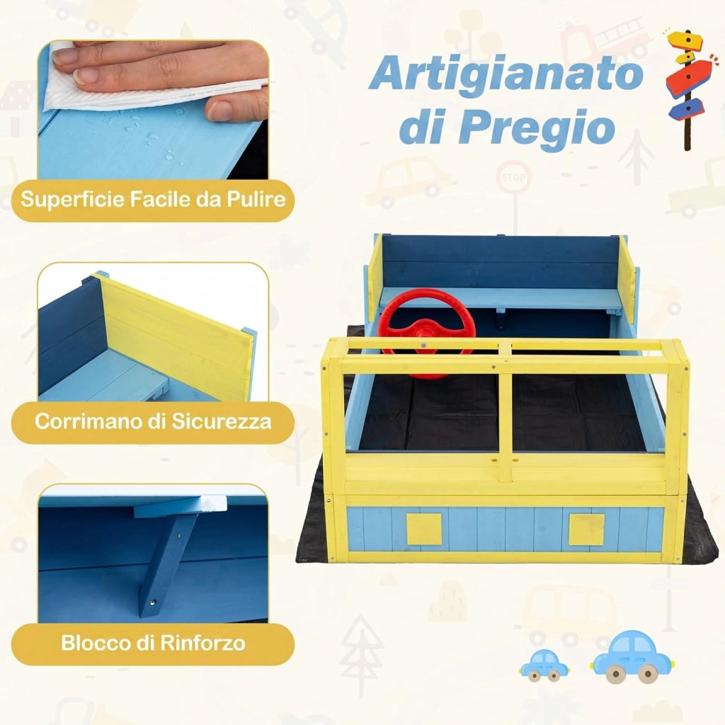 Sabbiera per Bambini in Legno, Gioco da Spiaggia a Forma di Autopompa con Panca, Volante Orientabile e Rivestimento, Sabbiera da Esterno per Giardino Cortile, 18+ Mesi