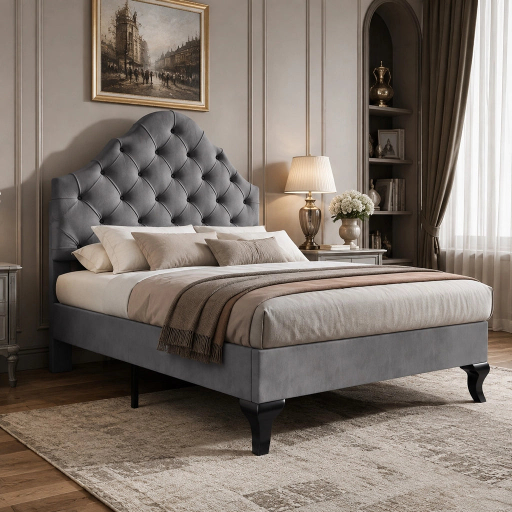 Letto imbottito 90x200 cm in velluto grigio con rete a doghe e testiera regolabile in altezza