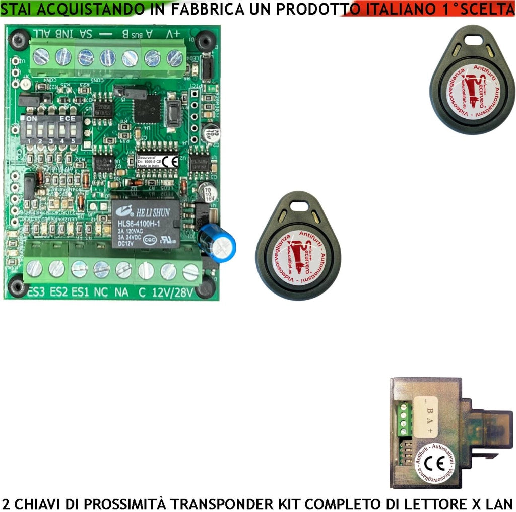 Chiave di Prossimità 2 Trasponder TAG Lettore Modulo LAN Universale 501 RJ45 Alimentazione 12/24 Vac Relè Contatto Libero C.NC.NA 2 A 24 V Funzione Impulsiva o Stabile Segnale di Stato Con 4 Led GRVB