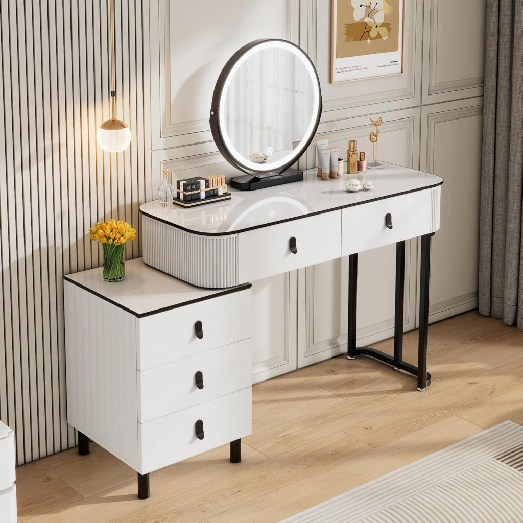 Toeletta da Trucco con Luci, Tocador de Maquillaje, Tavolo da Trucco con 5 Cassetti in Legno Massiccio, Montaggio Flessibile, 100x40x125 cm, Moderno, Bianco+Nero