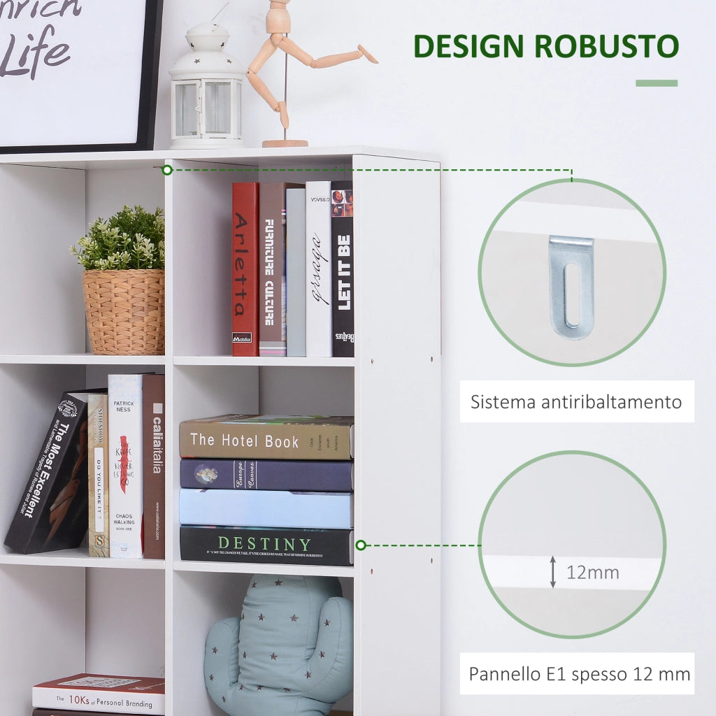 Libreria Bianca per Casa e Ufficio, Scaffale dal Design Moderno con 9 Scomparti in Legno, 91x29.5x91cm